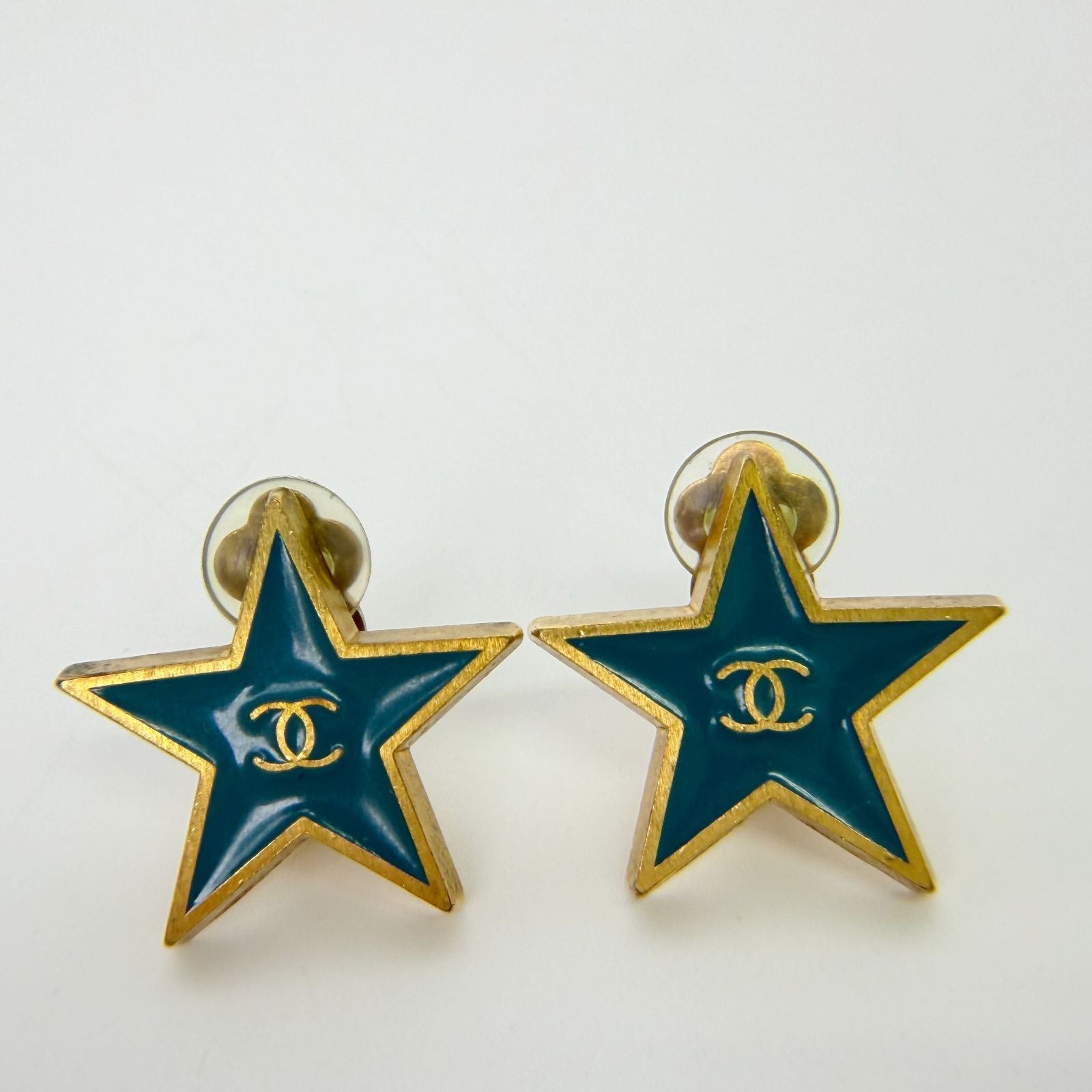 Chanel CC Logo Star Earrings Plated Turquoise Blue Gold Vintage — view 4