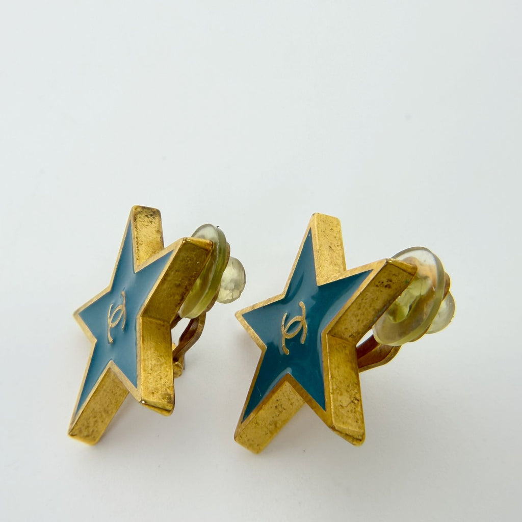 Chanel CC Logo Star Earrings Plated Turquoise Blue Gold Vintage — view 6