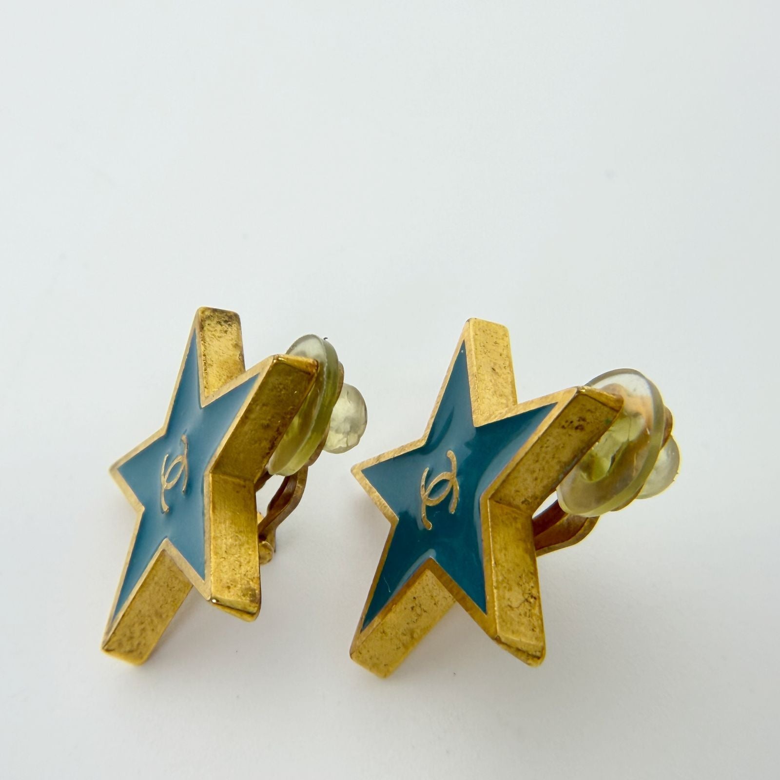 Chanel CC Logo Star Earrings Plated Turquoise Blue Gold Vintage — view 6