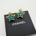 Chanel CC Logo Star Earrings Plated Turquoise Blue Gold Vintage