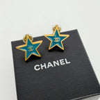 Chanel CC Logo Star Earrings Plated Turquoise Blue Gold Vintage