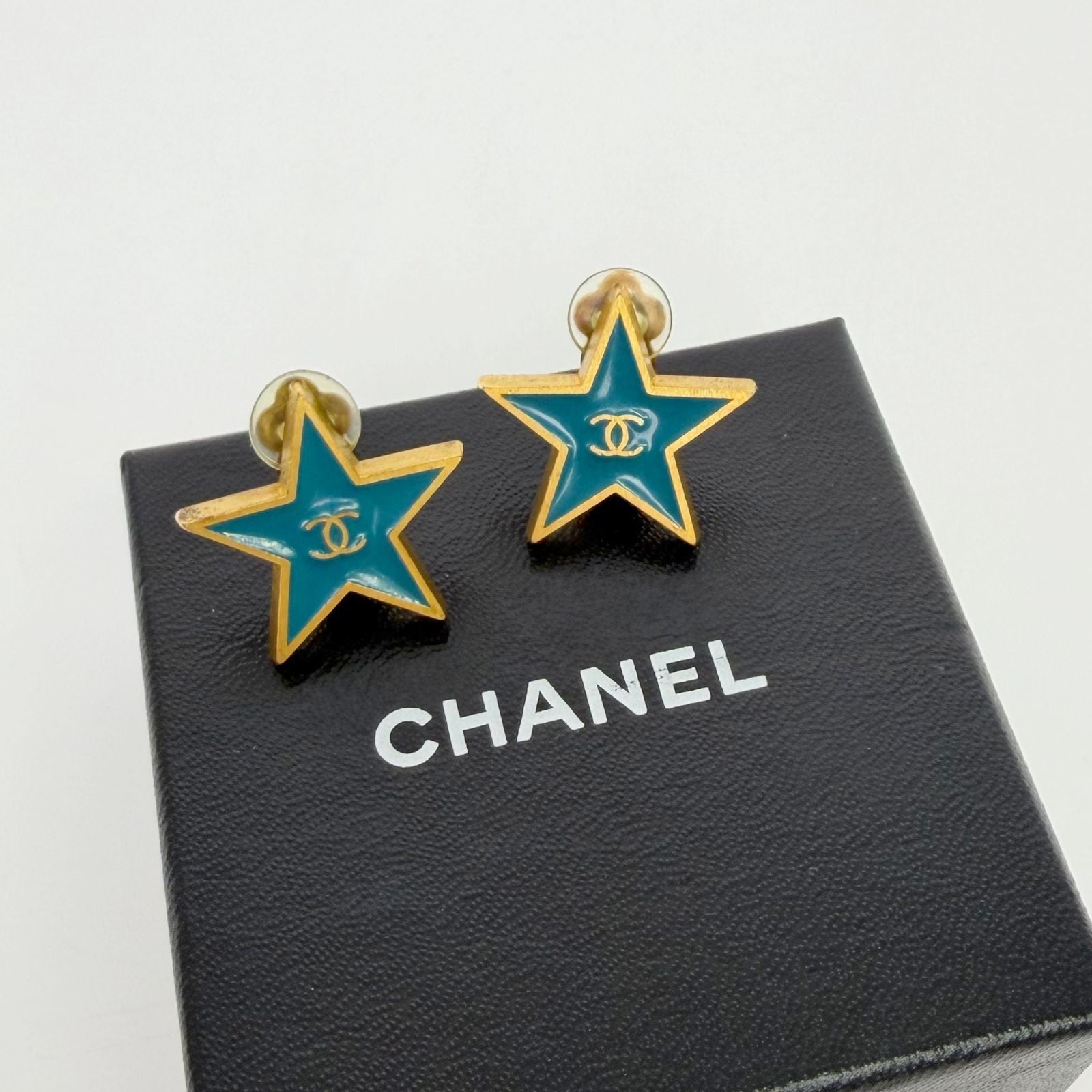 Chanel CC Logo Star Earrings Plated Turquoise Blue Gold Vintage