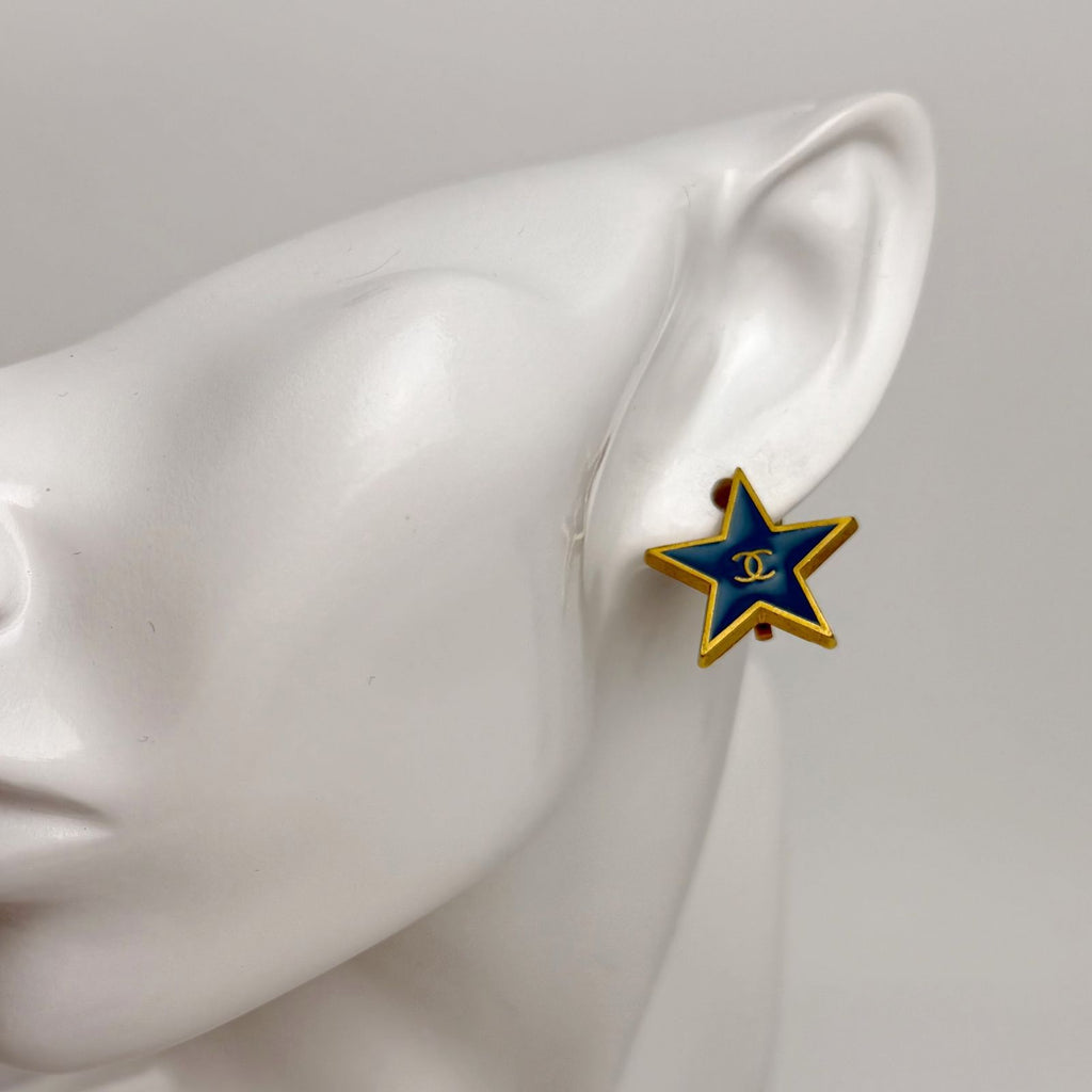 Chanel CC Logo Star Earrings Plated Turquoise Blue Gold Vintage — view 2