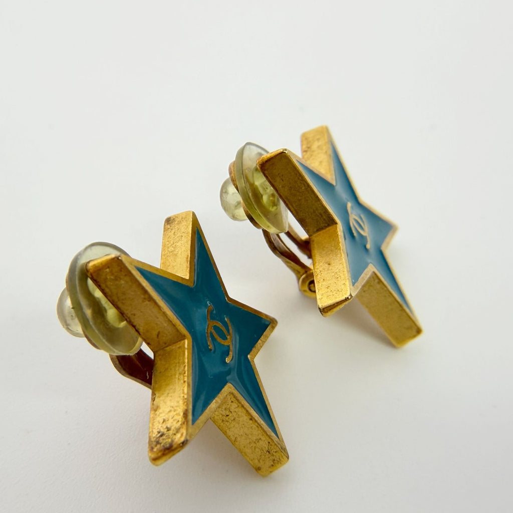 Chanel CC Logo Star Earrings Plated Turquoise Blue Gold Vintage — view 5