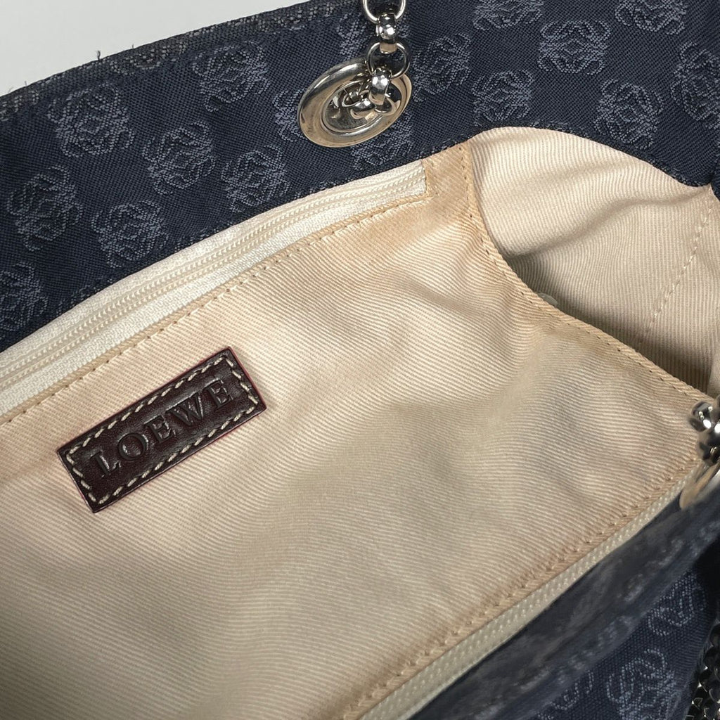 Loewe Anagram Chain Shoulder Bag Logo Tote Canvas Navy