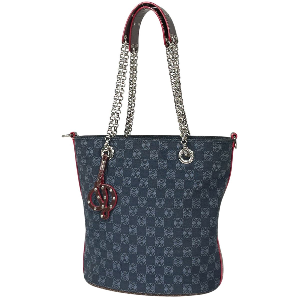 Loewe Anagram Chain Shoulder Bag Logo Tote Canvas Navy