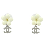 Chanel CC Logo Earrings Flower Swing Silver Plated Plastic White