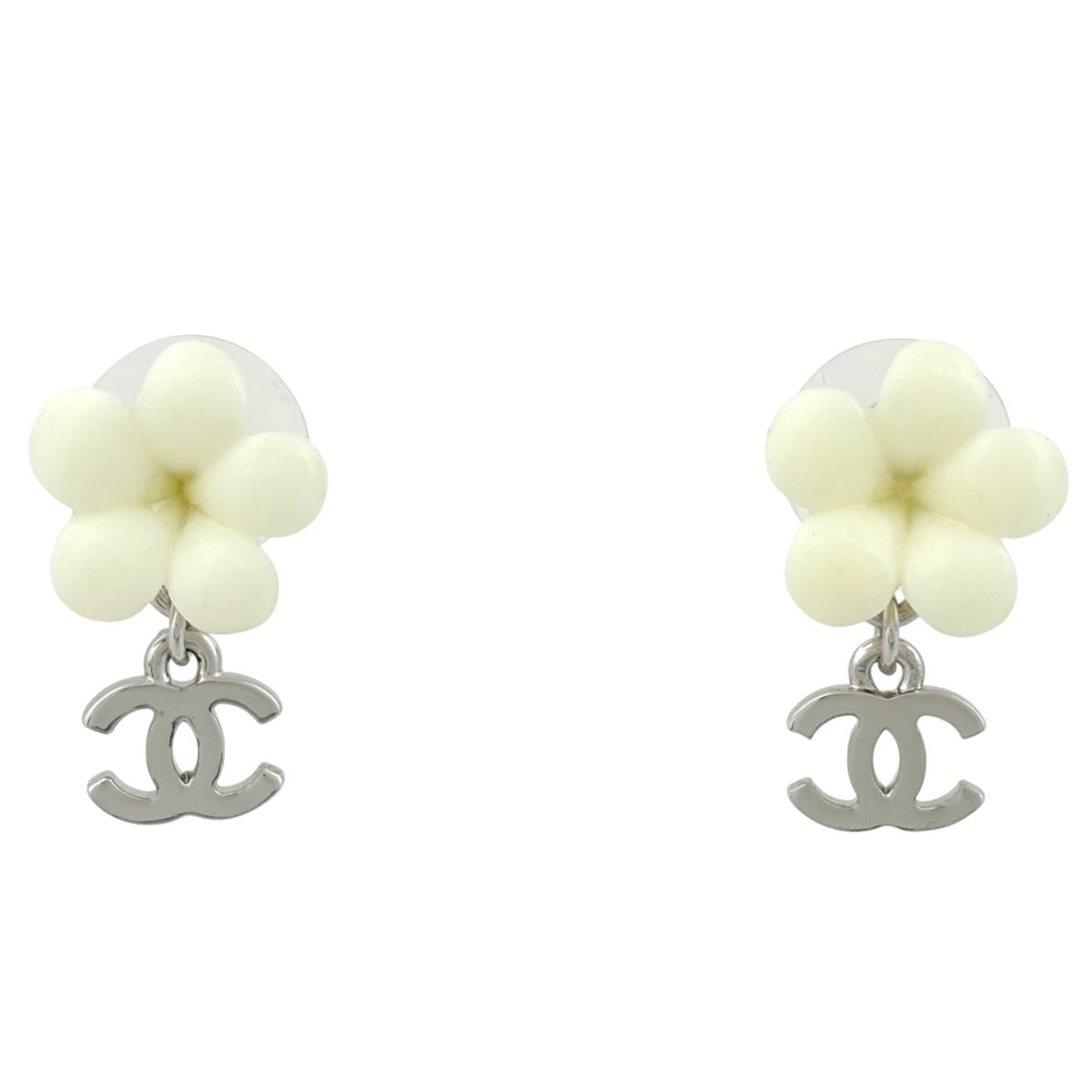 Chanel CC Logo Earrings Flower Swing Silver Plated Plastic White