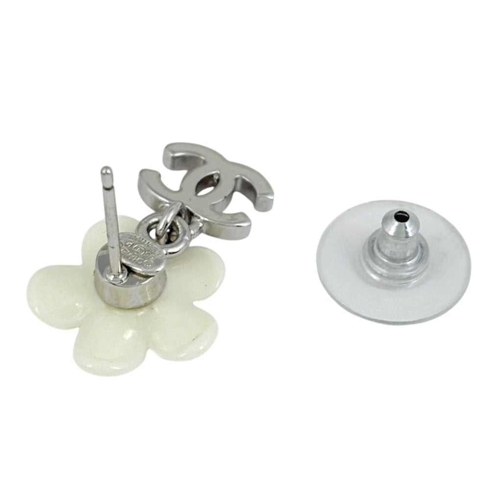 Chanel CC Logo Earrings Flower Swing Silver Plated Plastic White — view 3