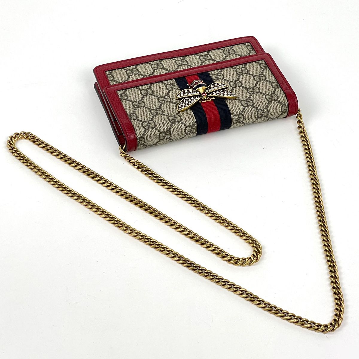 Gucci Queen Ma Galette Beige Chain Wallet GG Pattern Sherry Line Web Supreme — view 4