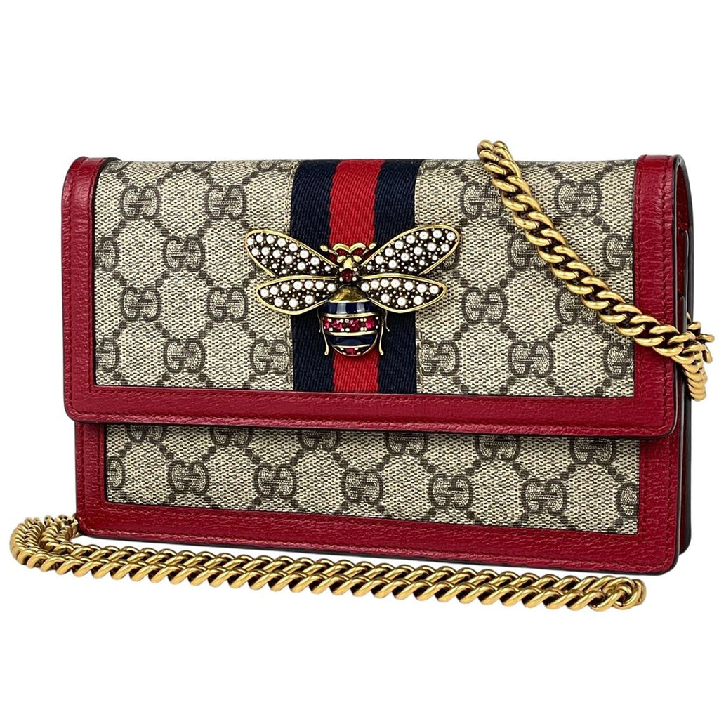 Gucci Queen Ma Galette Beige Chain Wallet GG Pattern Sherry Line Web Supreme