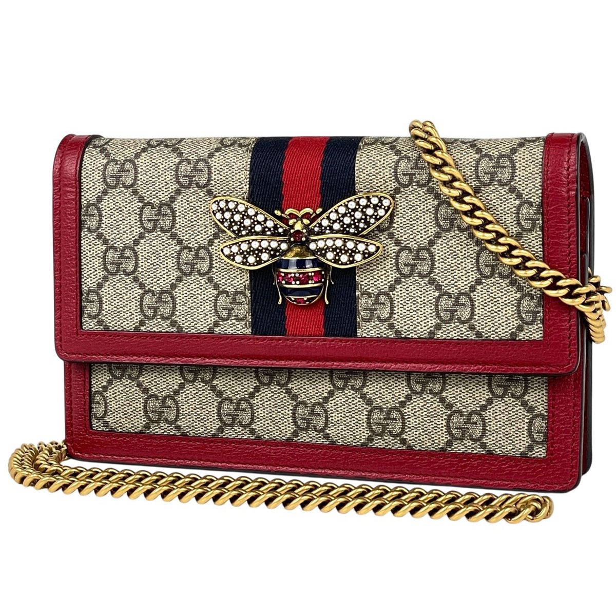 Gucci Queen Ma Galette Beige Chain Wallet GG Pattern Sherry Line Web Supreme