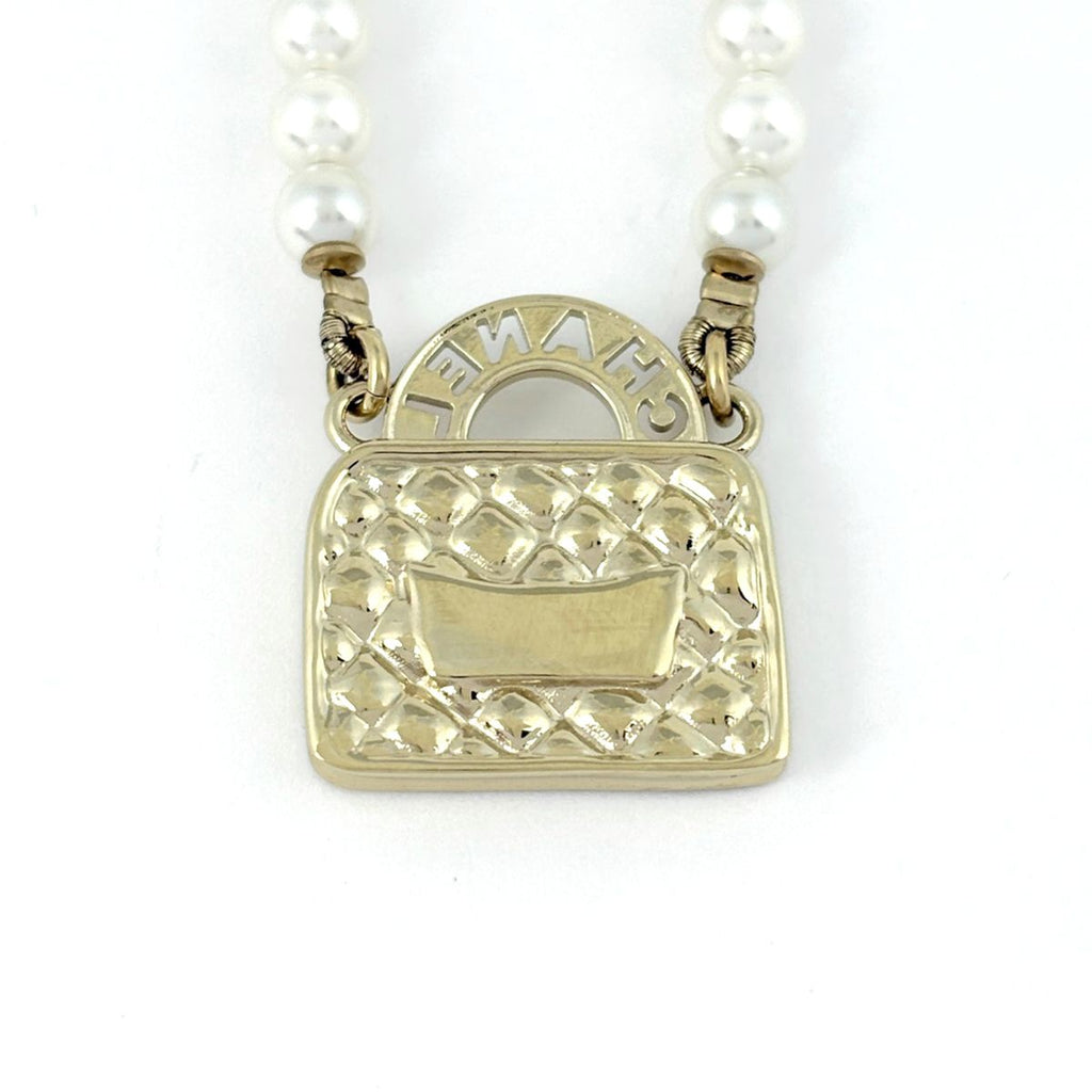 Chanel CC Logo Faux Pearl Necklace Bag Motif White Gold — view 2