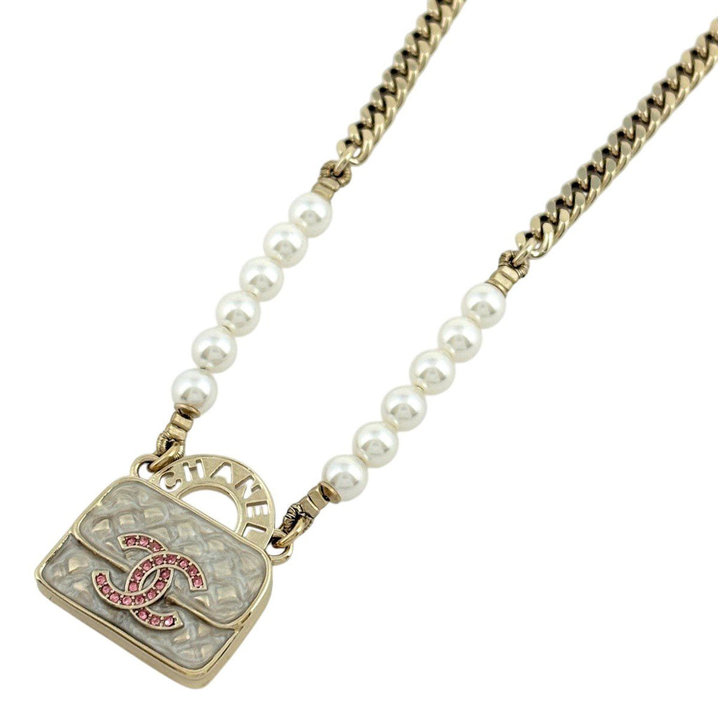 Chanel CC Logo Faux Pearl Necklace Bag Motif White Gold