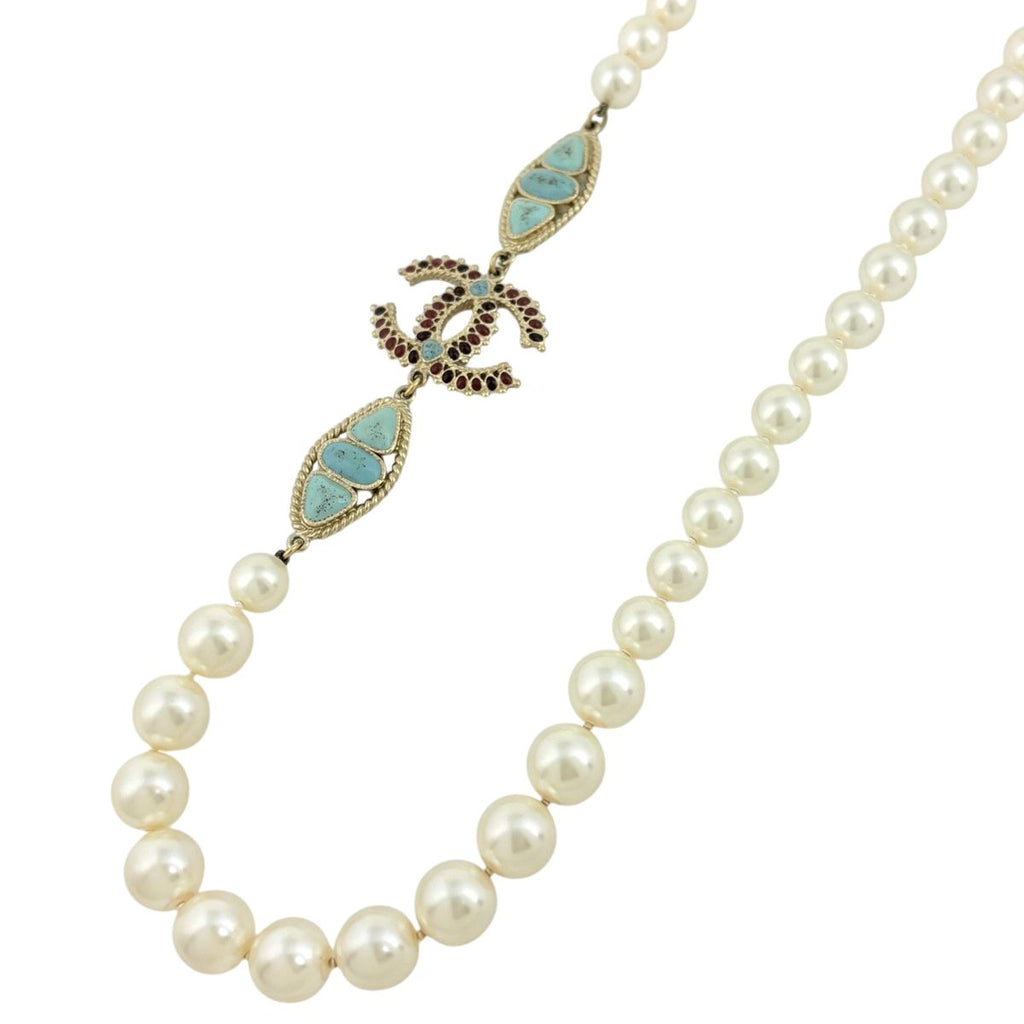 Chanel CC Logo Faux Pearl Necklace Long White Light Blue