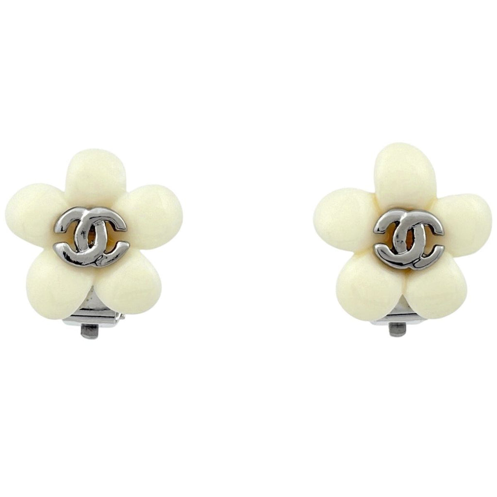 Chanel CC Logo Earrings Flower Silver Plated White