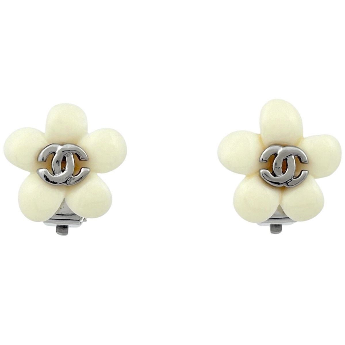 Chanel CC Logo Earrings Flower Silver Plated White