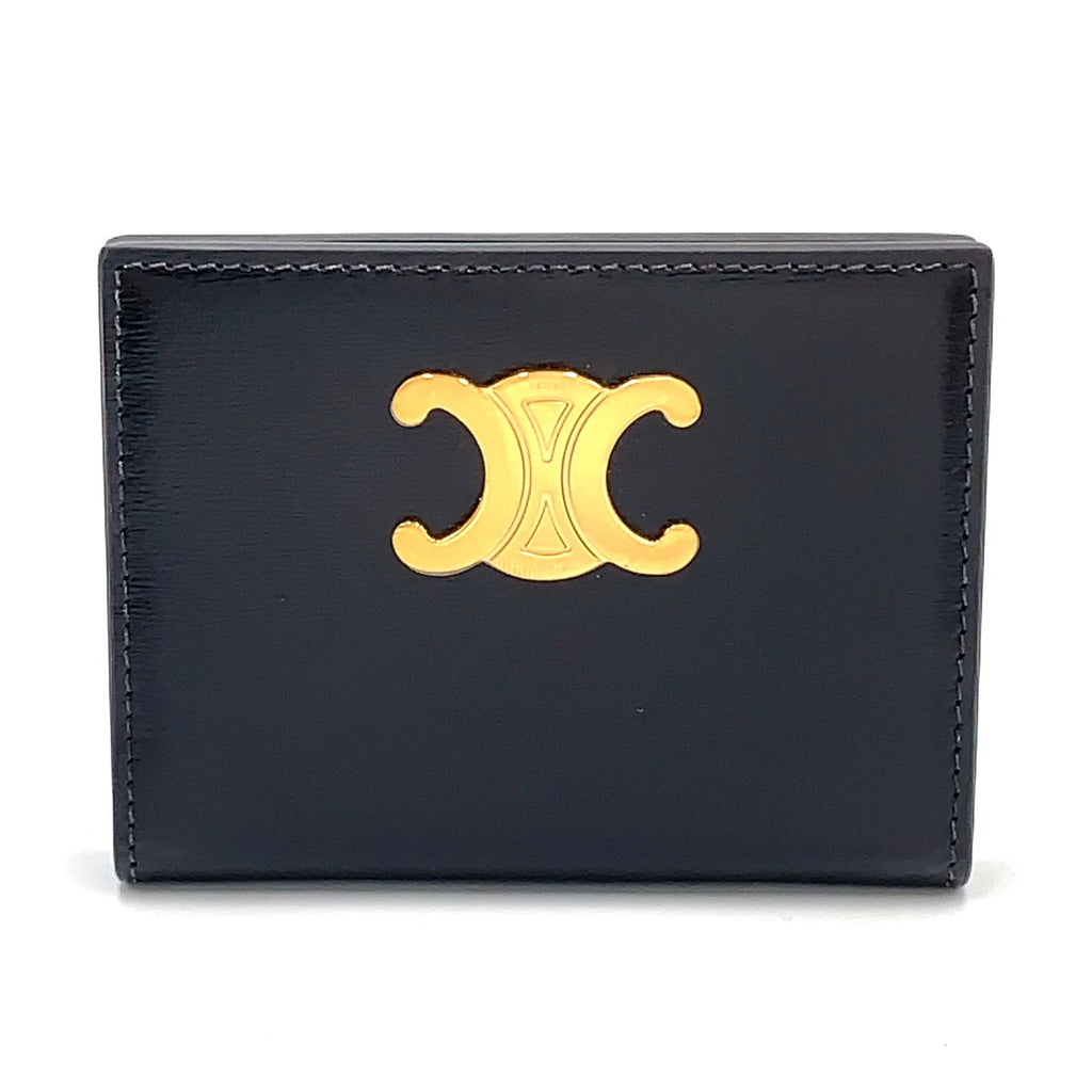 Celine Triomphe Metal Leather Black Card Case Gold