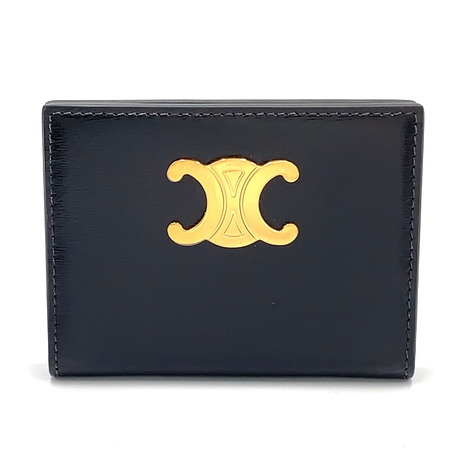 Celine Triomphe Metal Leather Black Card Case Gold