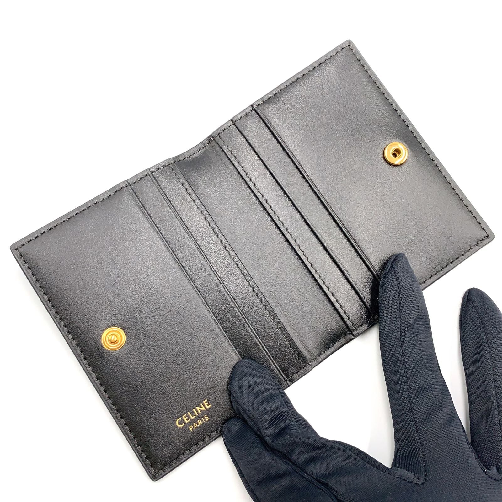 Celine Triomphe Metal Leather Black Card Case Gold — view 3