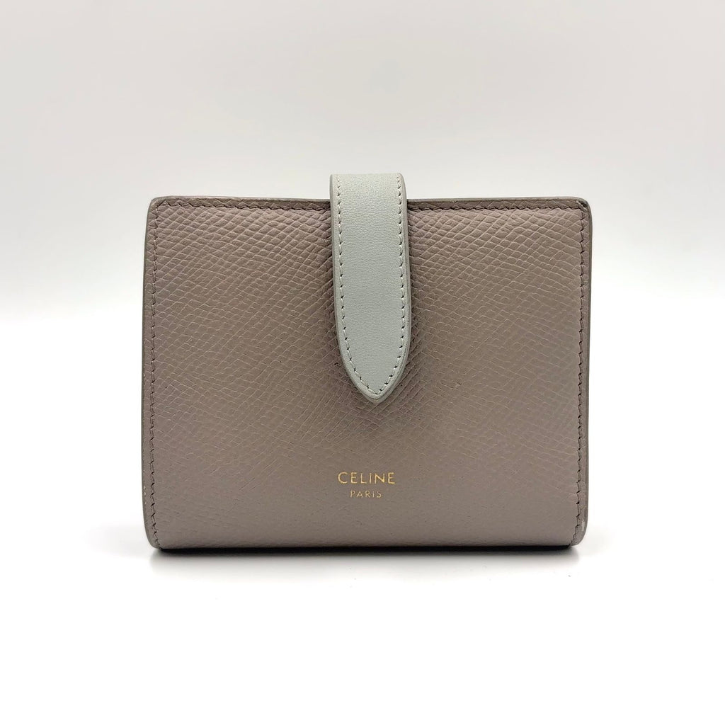 Celine Strap Wallet Leather Gray Bifold Gold