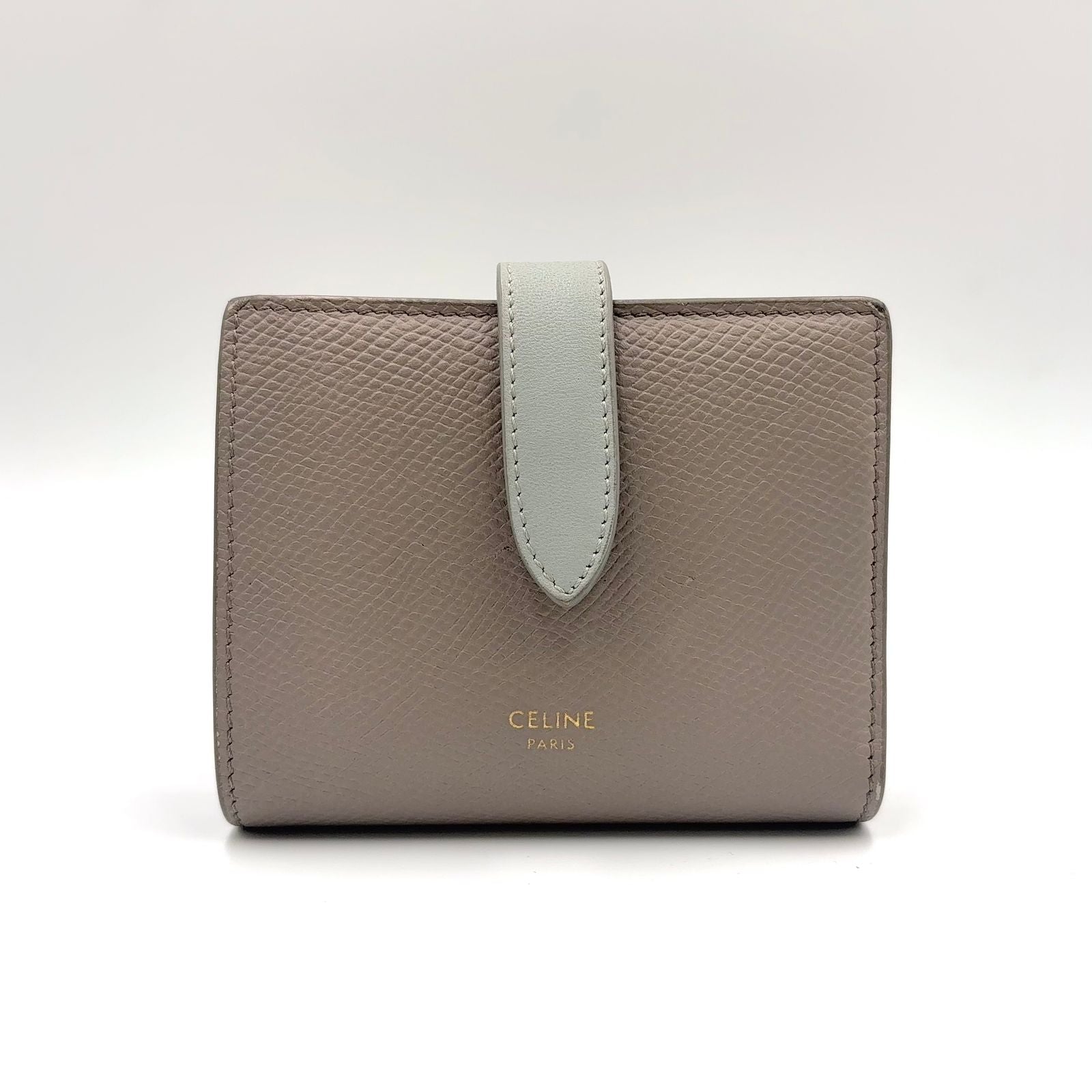 Celine Strap Wallet Leather Gray Bifold Gold