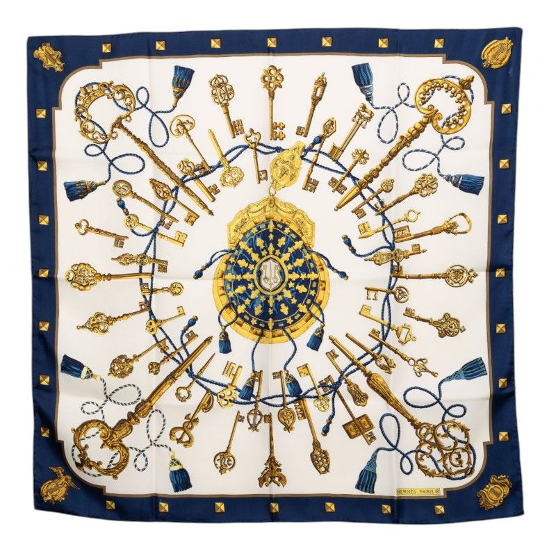 Hermes Carre 90 les Cles Key Scarf White Multicolor Silk