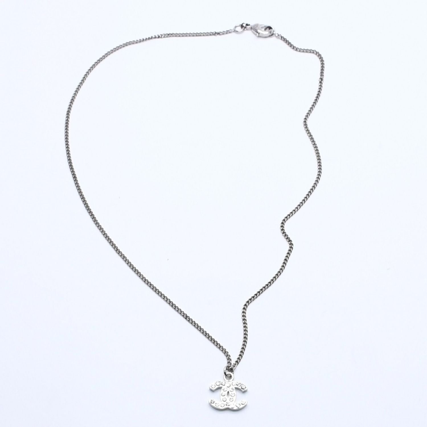 Chanel Necklace CC Logo Rhinestone Silver 11