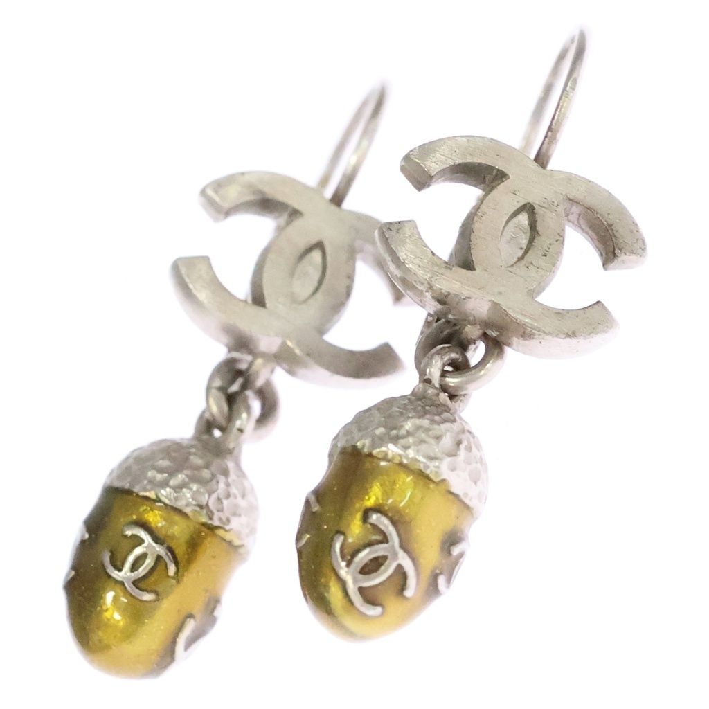 Chanel CC Logo Acorn Motif Earrings Silver Yellow