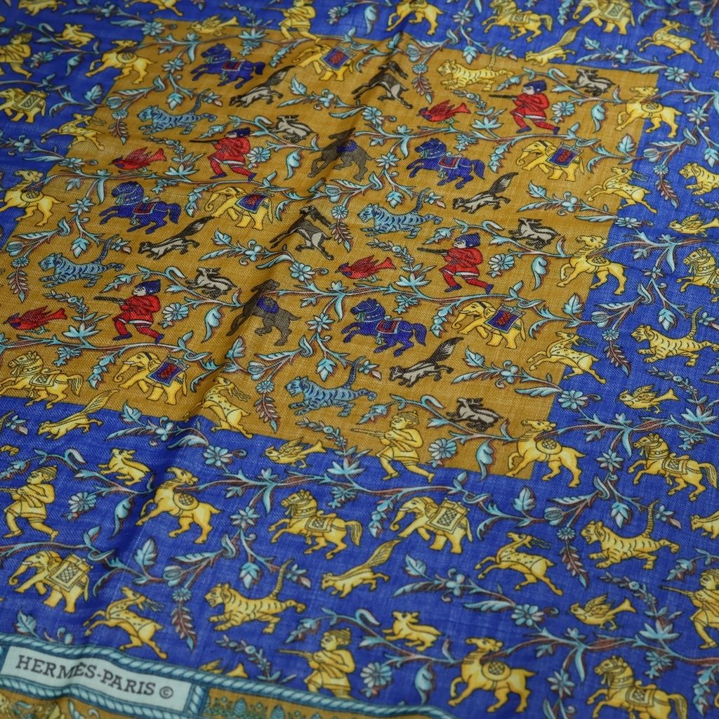 Hermes Carre 140 Indian Hunting Cashmere Scarf Blue — view 5