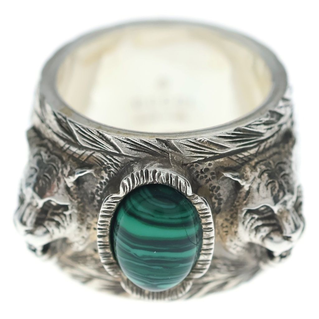 Gucci Garden Green Stone Tiger Head Ring Silver — view 4