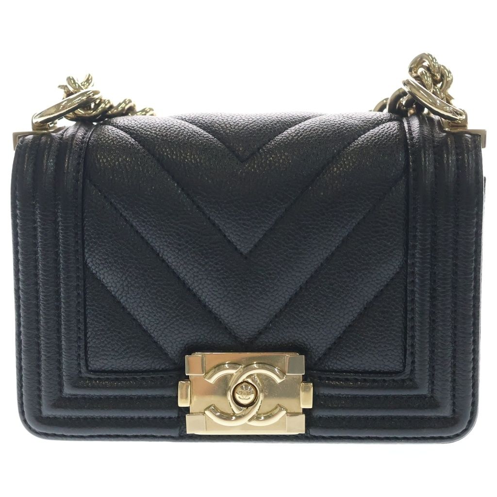 Chanel Boy Mini Chez Blanc Stitch Caviar Leather Gold Chain Shoulder Bag Plate