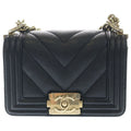 Chanel Boy Mini Chez Blanc Stitch Caviar Leather Gold Chain Shoulder Bag Plate
