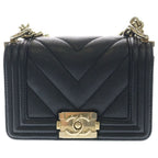 Chanel Boy Mini Chez Blanc Stitch Caviar Leather Gold Chain Shoulder Bag Plate