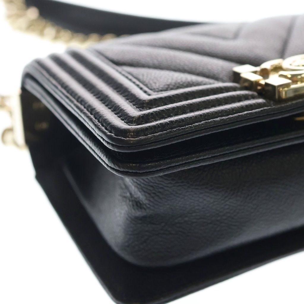 Chanel Boy Mini Chez Blanc Stitch Caviar Leather Gold Chain Shoulder Bag Plate — view 5