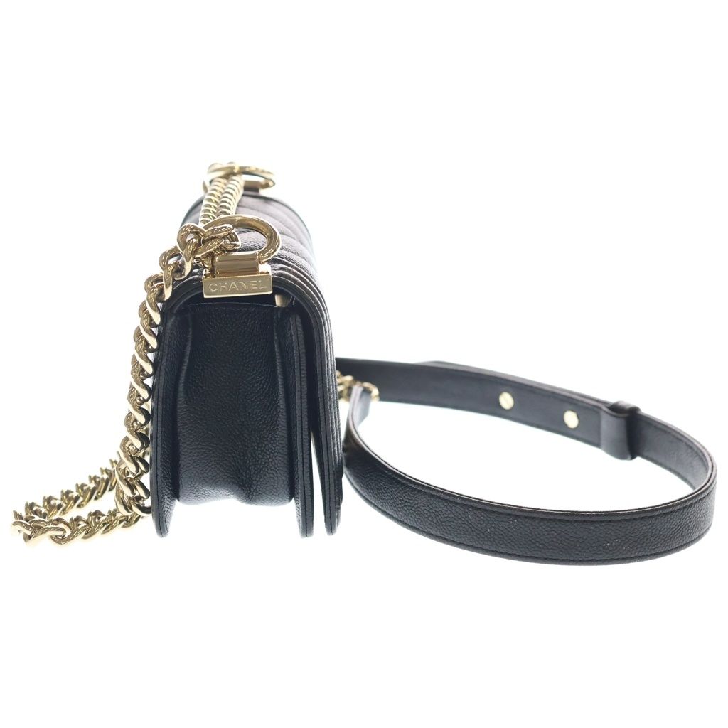 Chanel Boy Mini Chez Blanc Stitch Caviar Leather Gold Chain Shoulder Bag Plate — view 3
