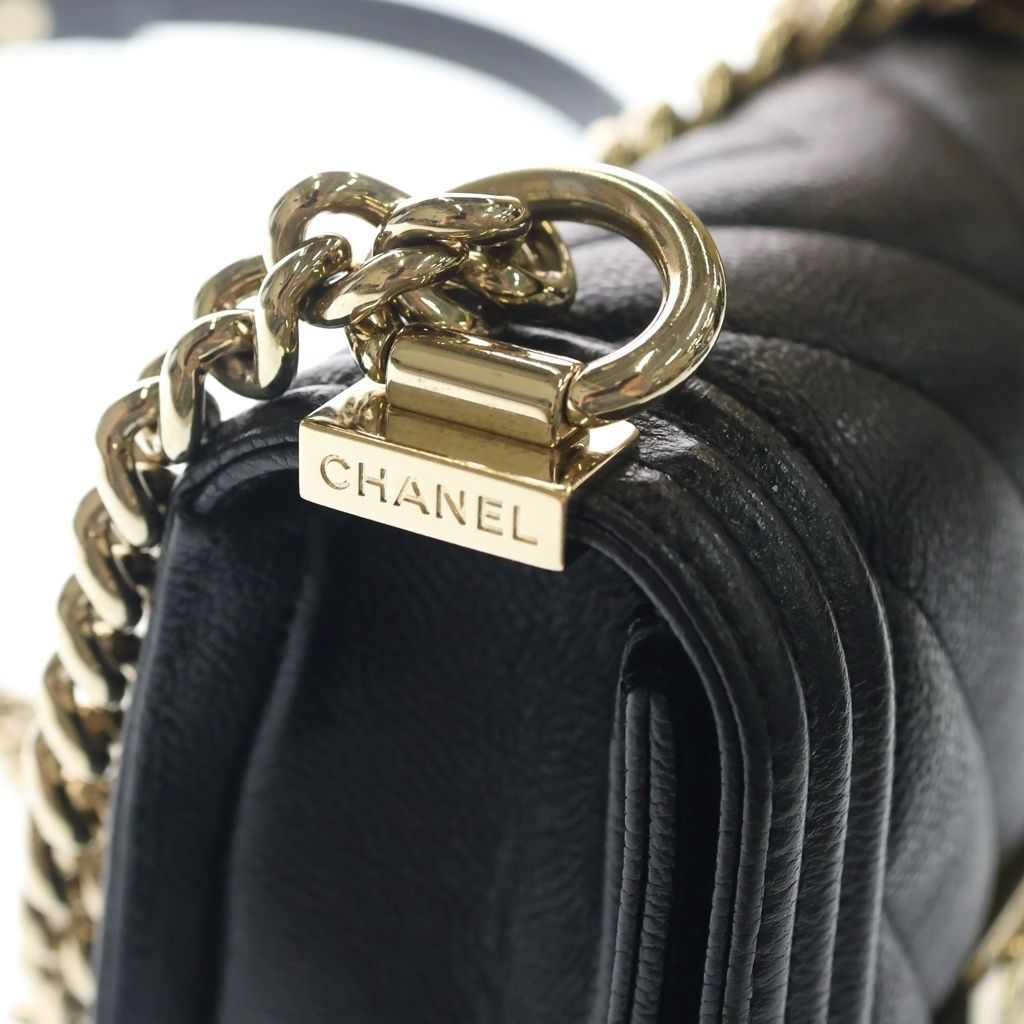 Chanel Boy Mini Chez Blanc Stitch Caviar Leather Gold Chain Shoulder Bag Plate — view 7