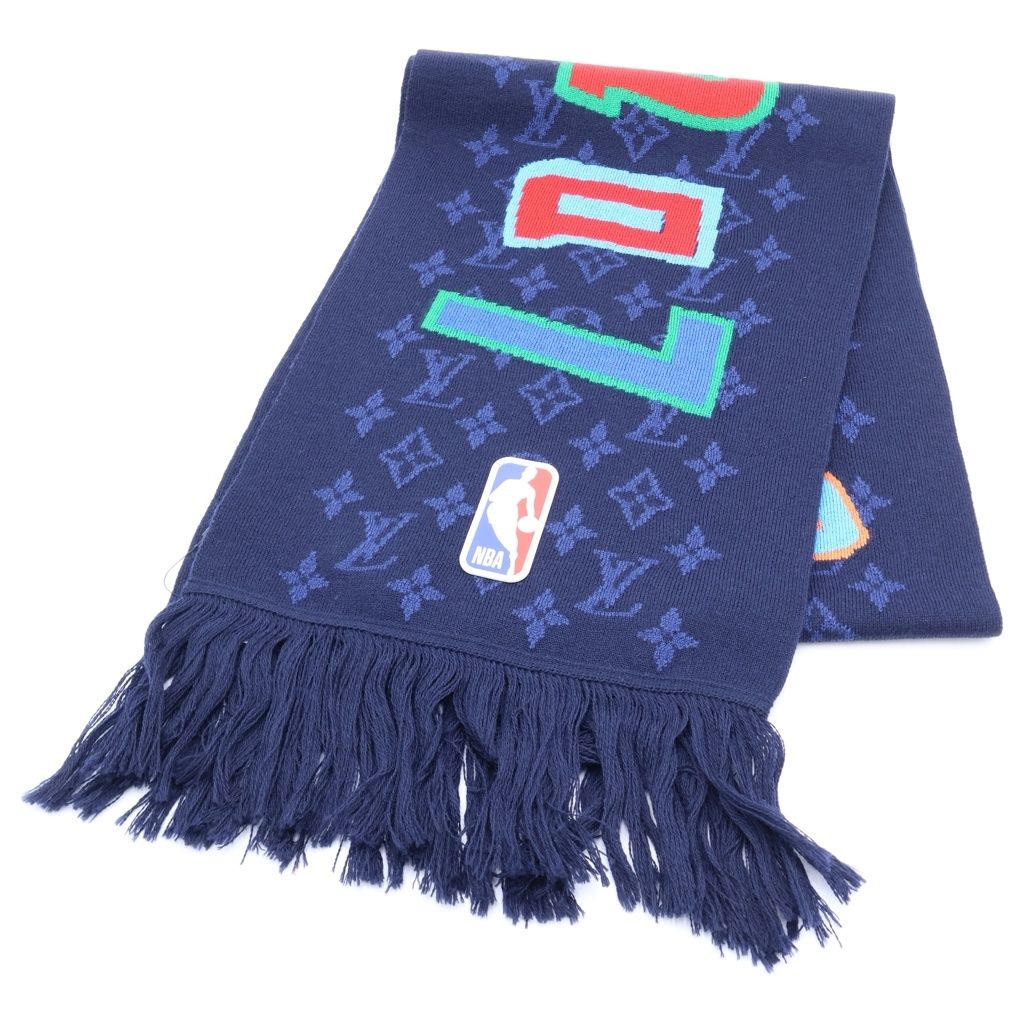 Louis Vuitton Nba Echarpe Monogram Logo Leather Patch Wool Fringe Scarf Navy