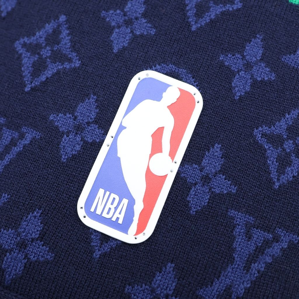 Louis Vuitton Nba Echarpe Monogram Logo Leather Patch Wool Fringe Scarf Navy — view 3