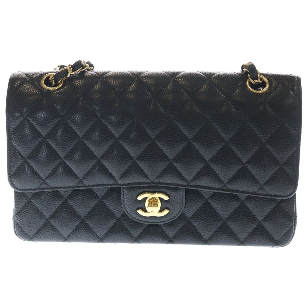 Chanel Quilted 25 Caviar Leather Double Flap Chain Shoulder Bag Gold Black