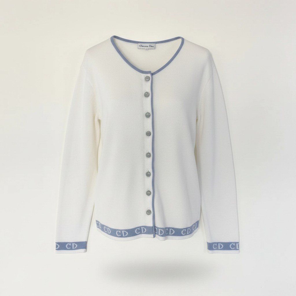 Dior Eg8 Long Sleeve Knit Cardigan CD Logo Bicolor L White