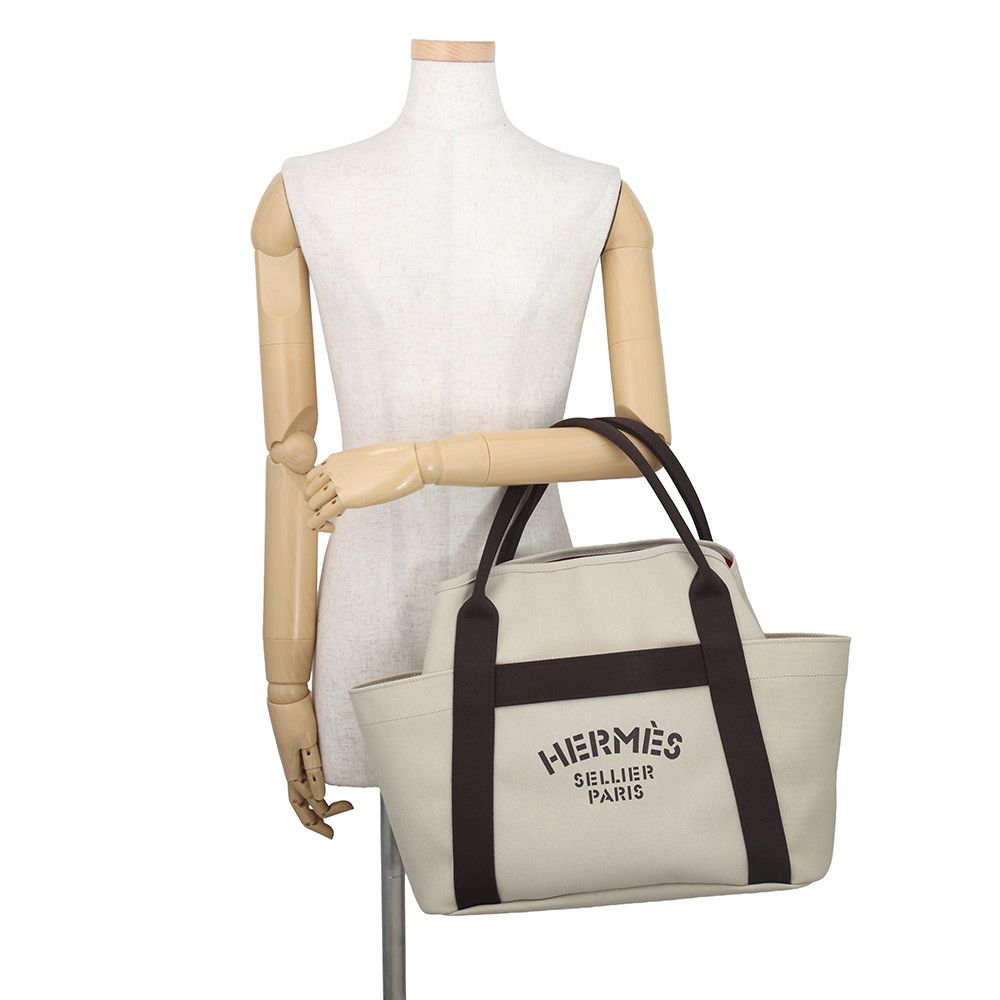 Hermes Sac de Panthere Je Gourme Beige Subleuf Silver Toilet Blanc Canvas Tote — view 4