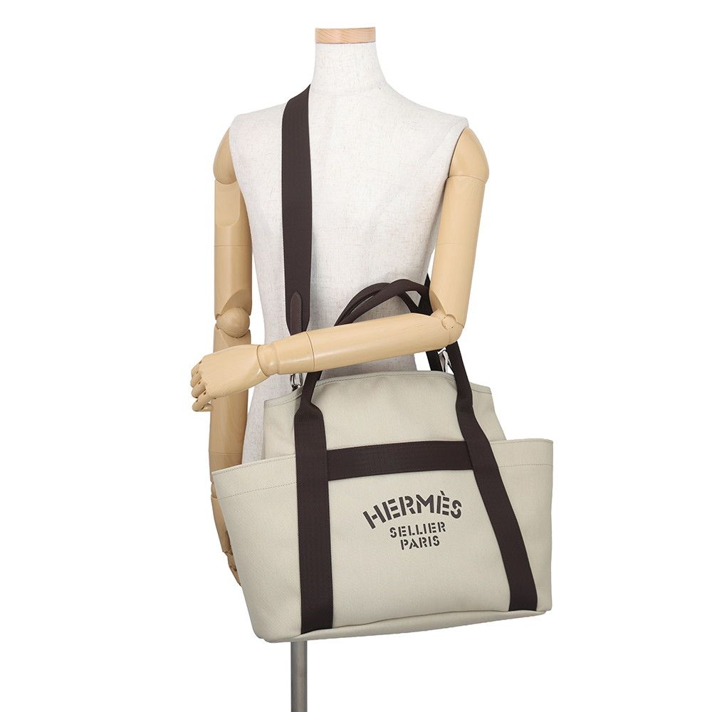Hermes Sac de Panthere Je Gourme Beige Subleuf Silver Toilet Blanc Canvas Tote — view 5