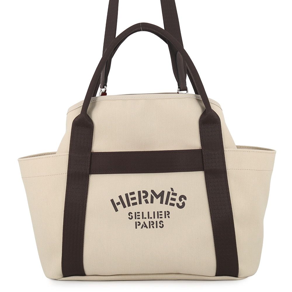 Hermes Sac de Panthere Je Gourme Beige Subleuf Silver Toilet Blanc Canvas Tote