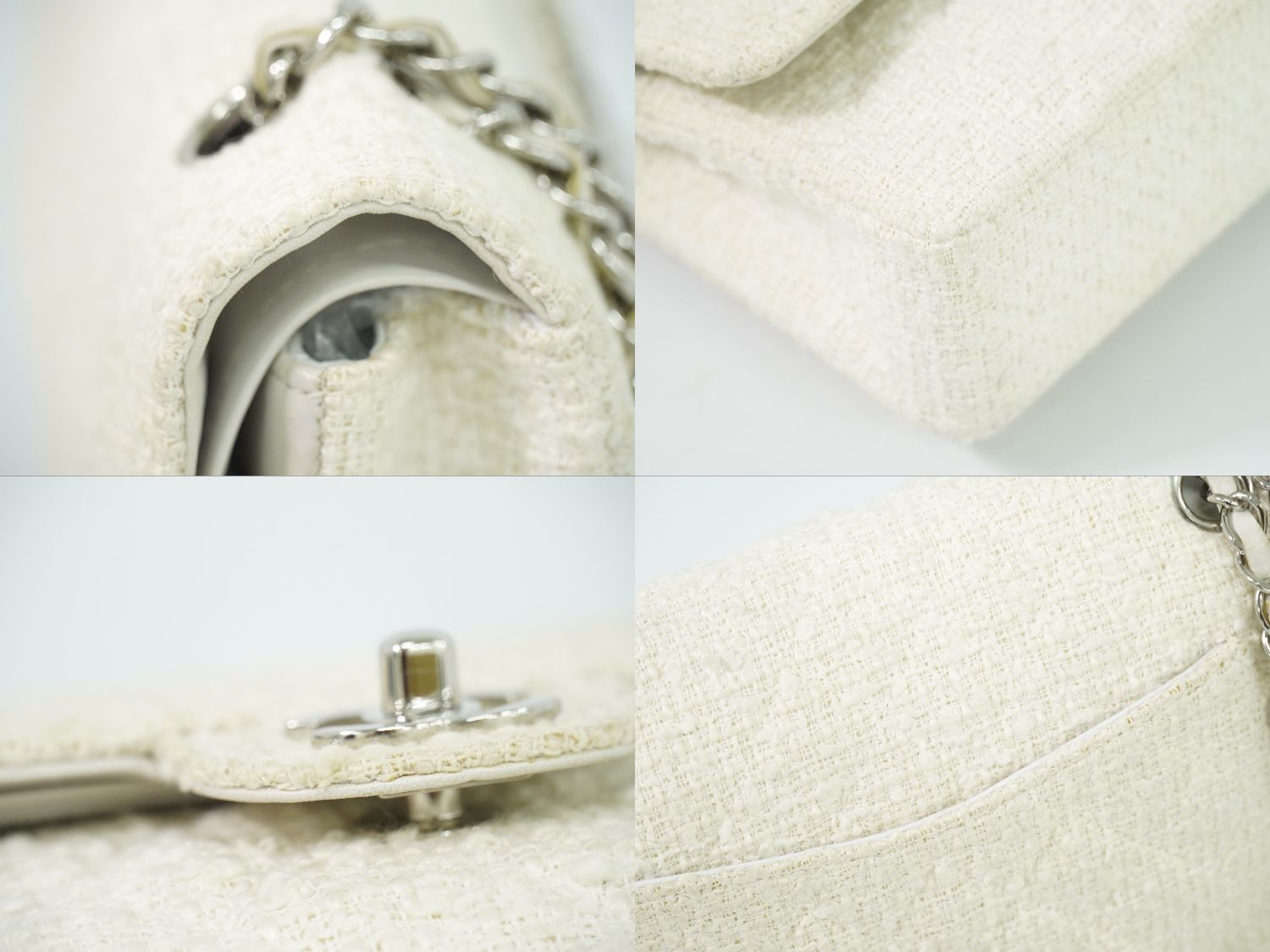 Chanel CC Logo Quilted 25 Double Flap Chain Shoulder Bag Tweed White — view 7