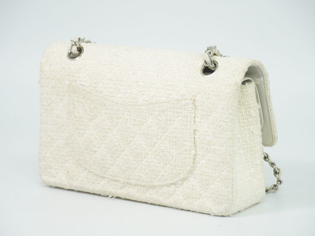 Chanel CC Logo Quilted 25 Double Flap Chain Shoulder Bag Tweed White — view 2