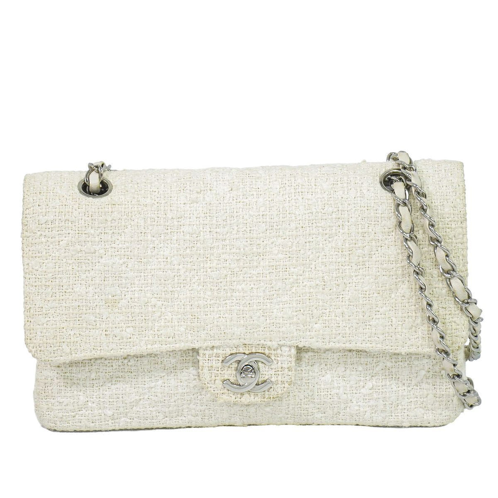 Chanel CC Logo Quilted 25 Double Flap Chain Shoulder Bag Tweed White