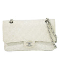 Chanel CC Logo Quilted 25 Double Flap Chain Shoulder Bag Tweed White