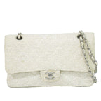 Chanel CC Logo Quilted 25 Double Flap Chain Shoulder Bag Tweed White