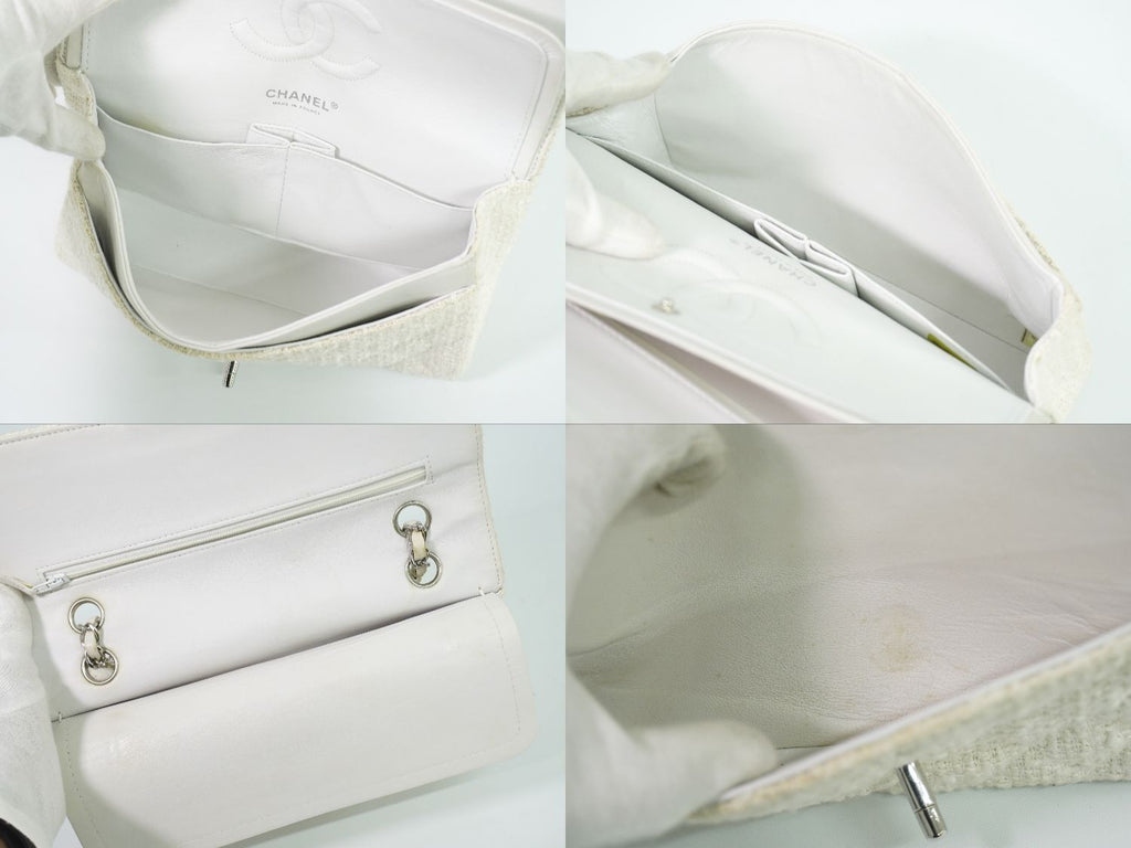 Chanel CC Logo Quilted 25 Double Flap Chain Shoulder Bag Tweed White — view 8